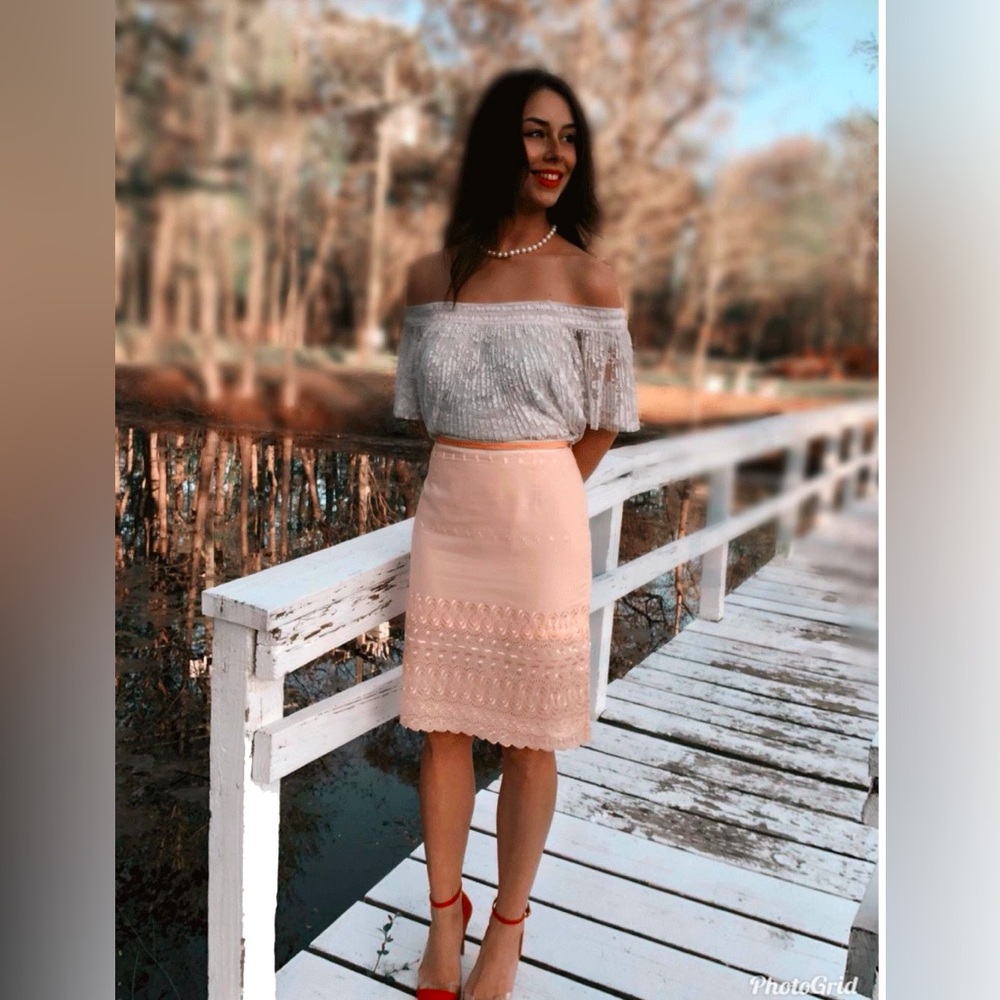 Peach eyelet midi pencil slit skirt. Designed and Handsewn ❤️